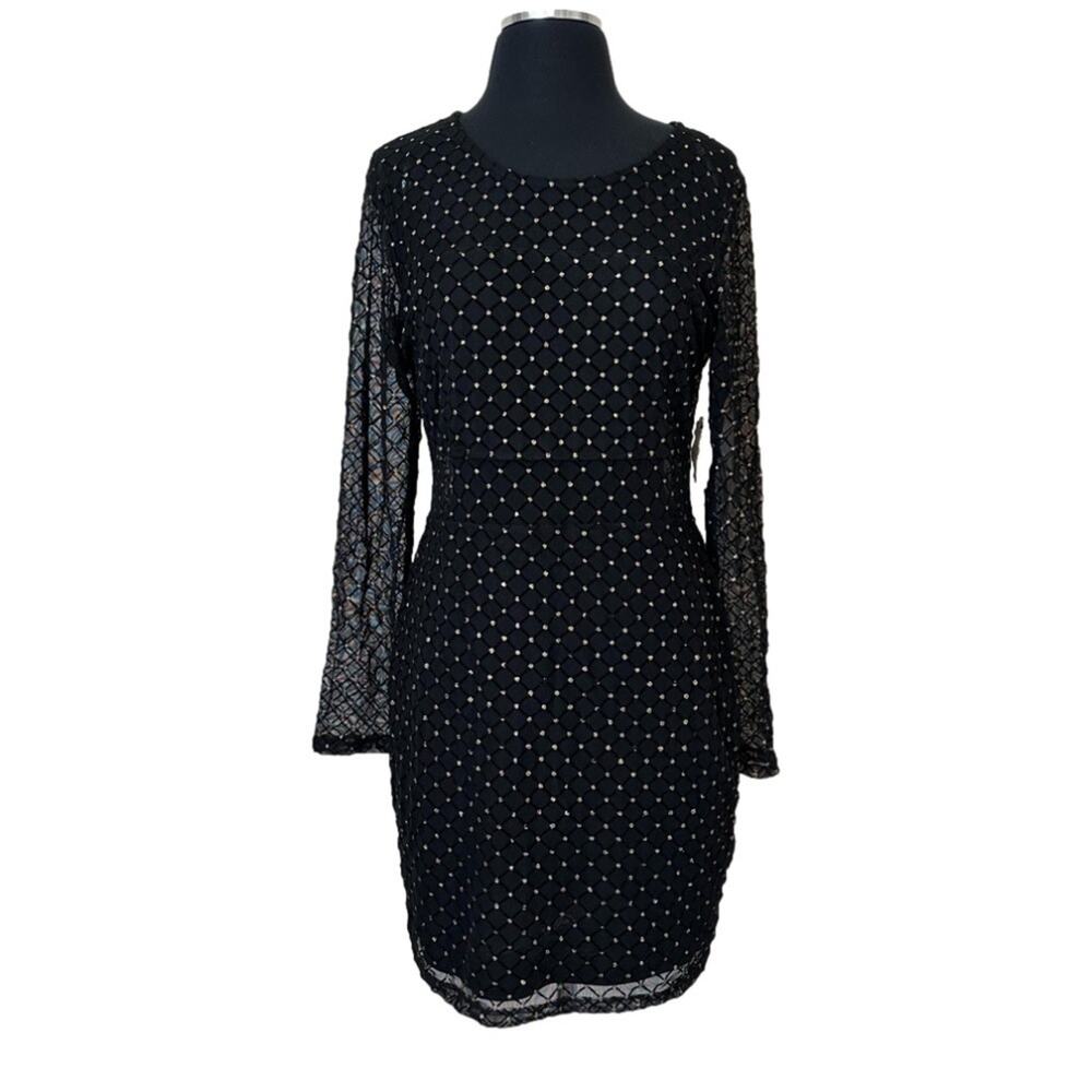 A.U.W. Black Sheer Long Sleeve Mesh Glitter Velvet Dress Fairy Whimsigoth Sz XL - Picture 2 of 15